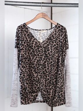 039 And The Why Animal Print Twist Front Contrast Long Sleeve Top
